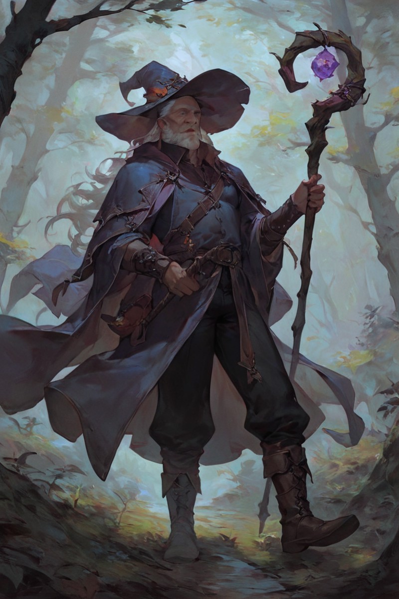 score_9, score_8_up, score_7_up, wizard, old, 1boy, old man, male focus, hat, beard, solo, staff, witch hat, facial hair, ...